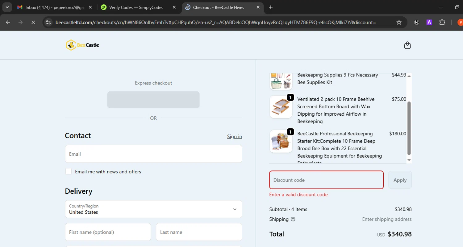 BeeCastle Beekeeping Supplies promo code screenshot showing code 2025 applied at BeeCastle Beekeeping Supplies checkout page. Uploaded by SimplyCodes community member Eminem on Jan 27, 2026