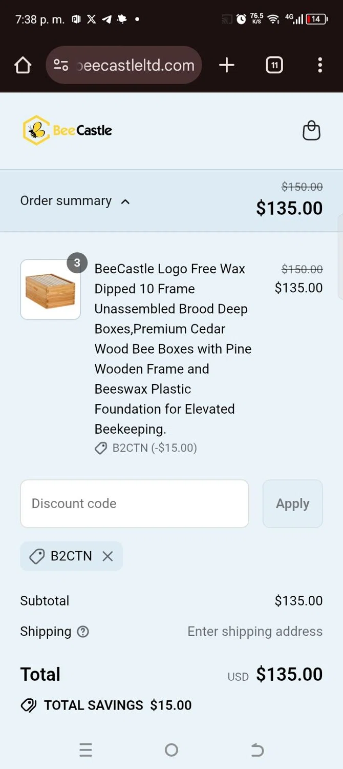 BeeCastle Beekeeping Supplies promo code screenshot showing code B2CTN applied at BeeCastle Beekeeping Supplies checkout page. Uploaded by SimplyCodes community member kellymoreno on Sep 6, 2025