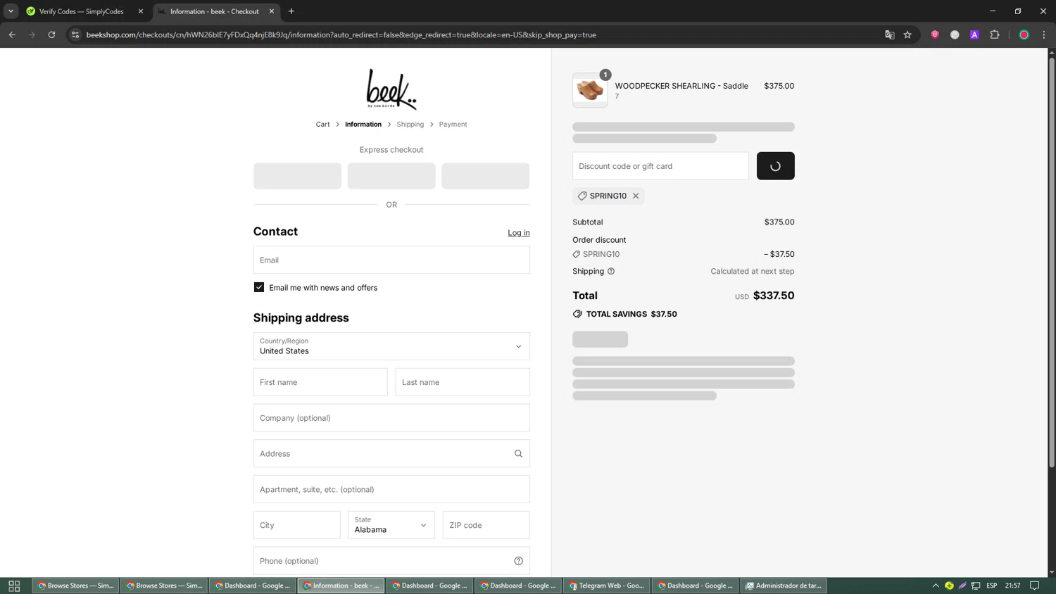 Beek discount code screenshot showing code SPRING10 applied at Beek checkout page. Uploaded by SimplyCodes community member Papotico on Aug 22, 2025