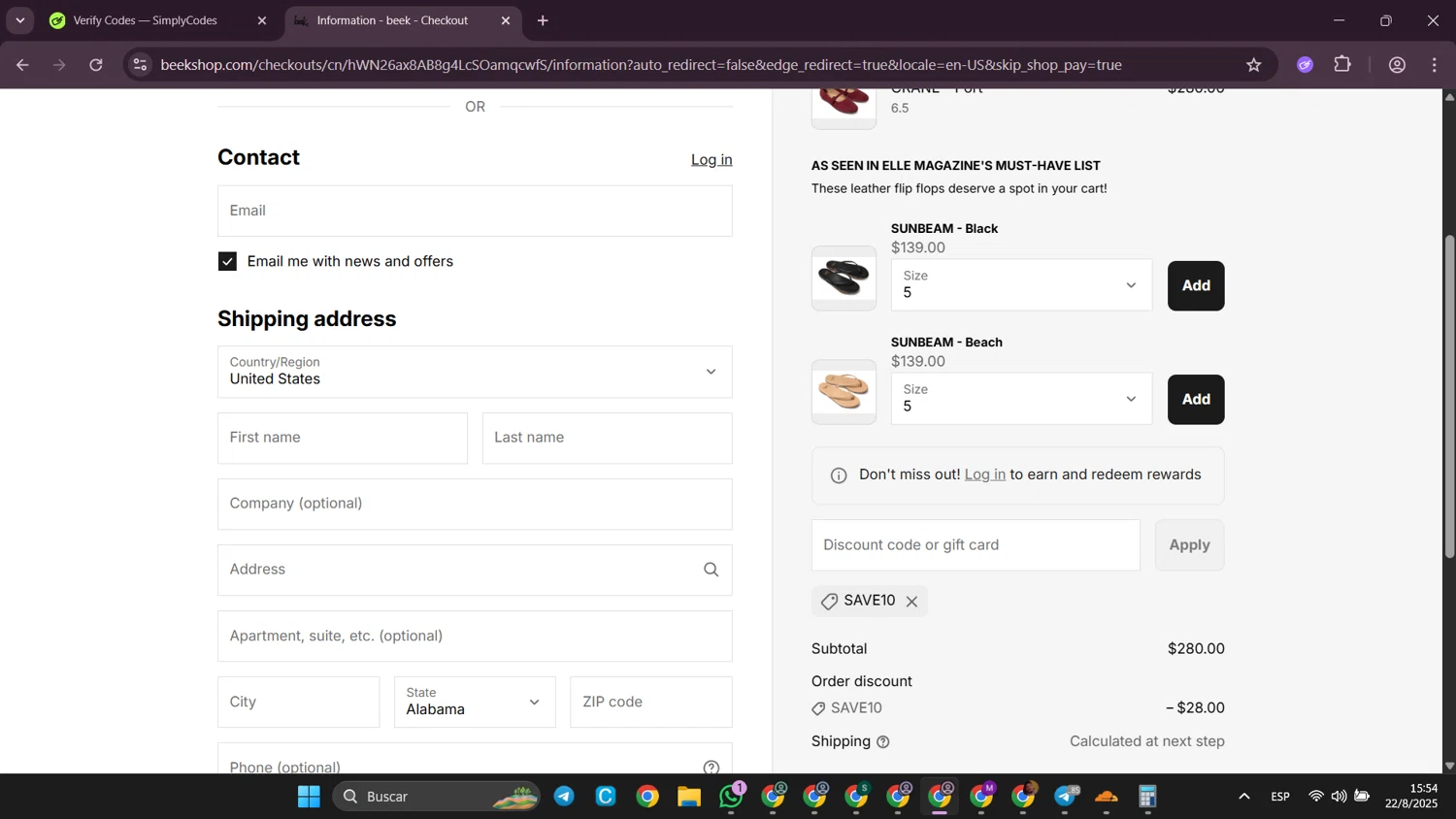 Beek discount code screenshot showing code save10 applied at Beek checkout page. Uploaded by SimplyCodes community member SilverWhiz4145 on Aug 22, 2025
