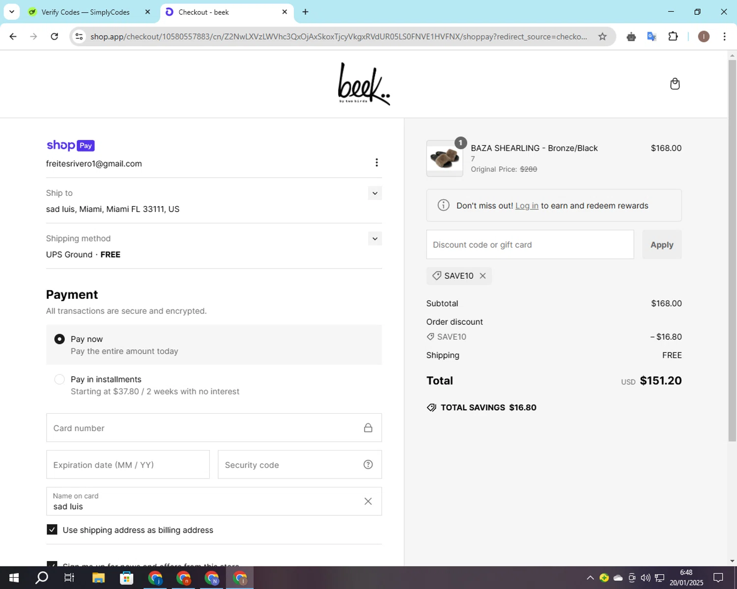 Beek discount code screenshot showing code save10 applied at Beek checkout page. Uploaded by SimplyCodes community member CashSleuth106 on Jan 20, 2025