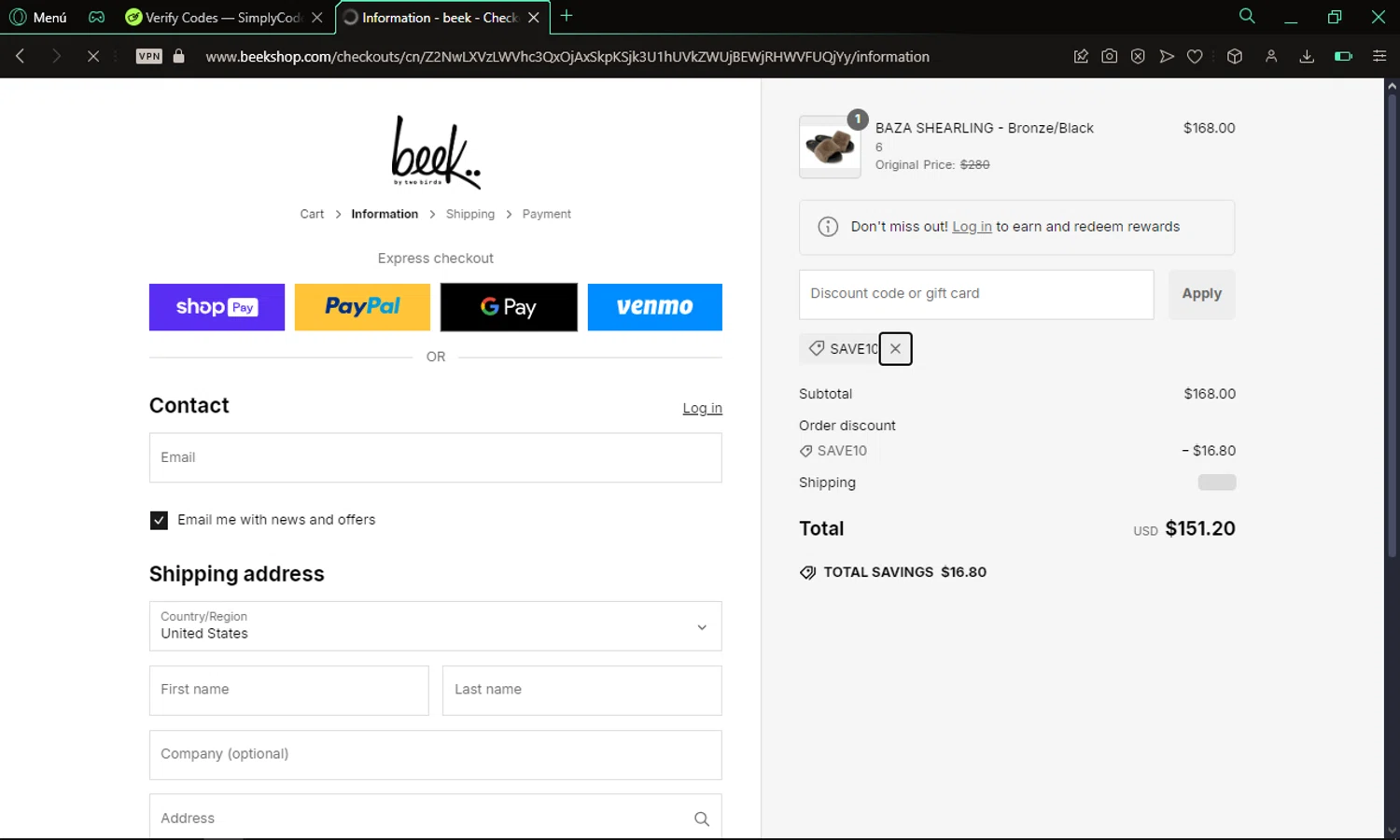 Beek discount code screenshot showing code save10 applied at Beek checkout page. Uploaded by SimplyCodes community member omare29 on Jan 27, 2025