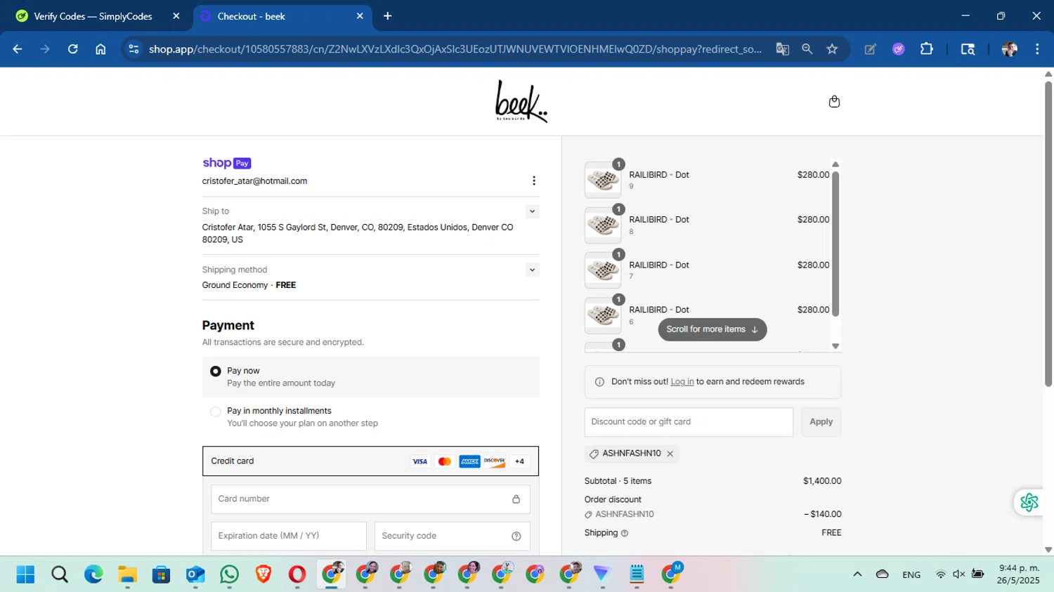 Beek discount code screenshot showing code ASHNFASHN10 applied at Beek checkout page. Uploaded by SimplyCodes community member DavidMGF on May 27, 2025