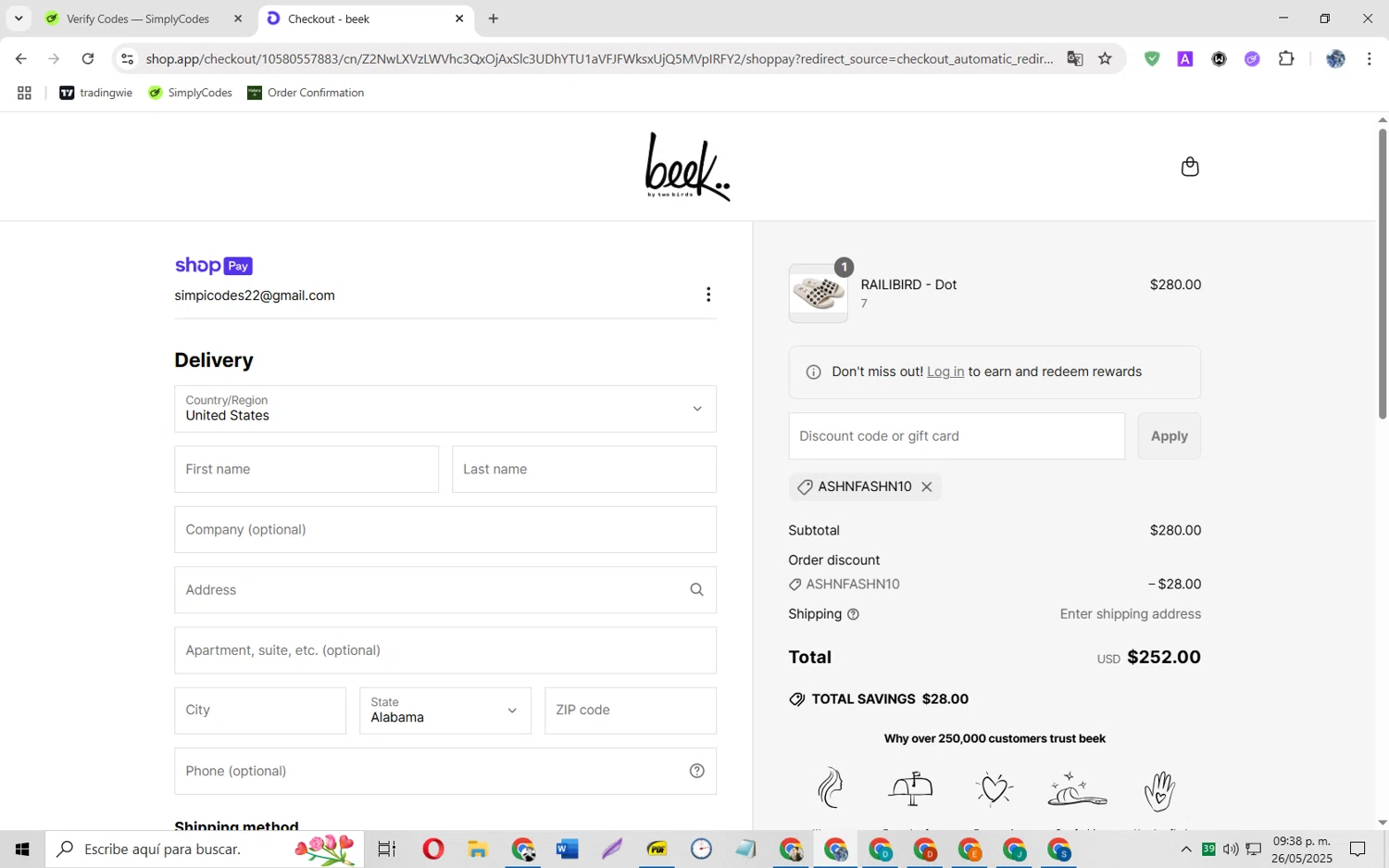 Beek discount code screenshot showing code ASHNFASHN10 applied at Beek checkout page. Uploaded by SimplyCodes community member JoseH45 on May 27, 2025