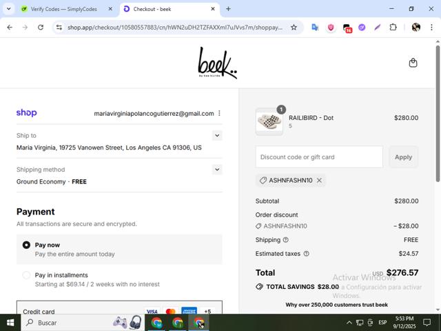 Beek checkout page showing Beek discount code box | Screenshot taken by SimplyCodes community member on Sep 12, 2025