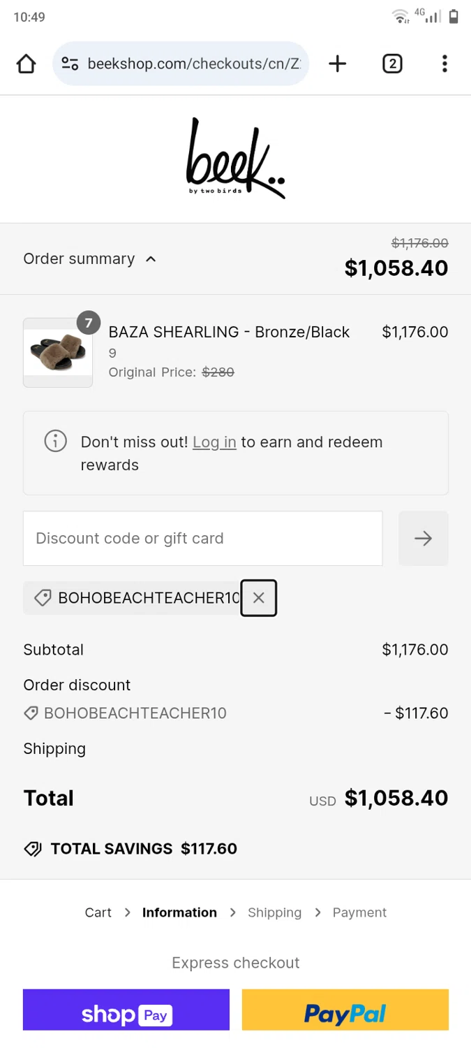 Beek discount code screenshot showing code BOHOBEACHTEACHER10 applied at Beek checkout page. Uploaded by SimplyCodes community member Arambulet on Jan 17, 2025