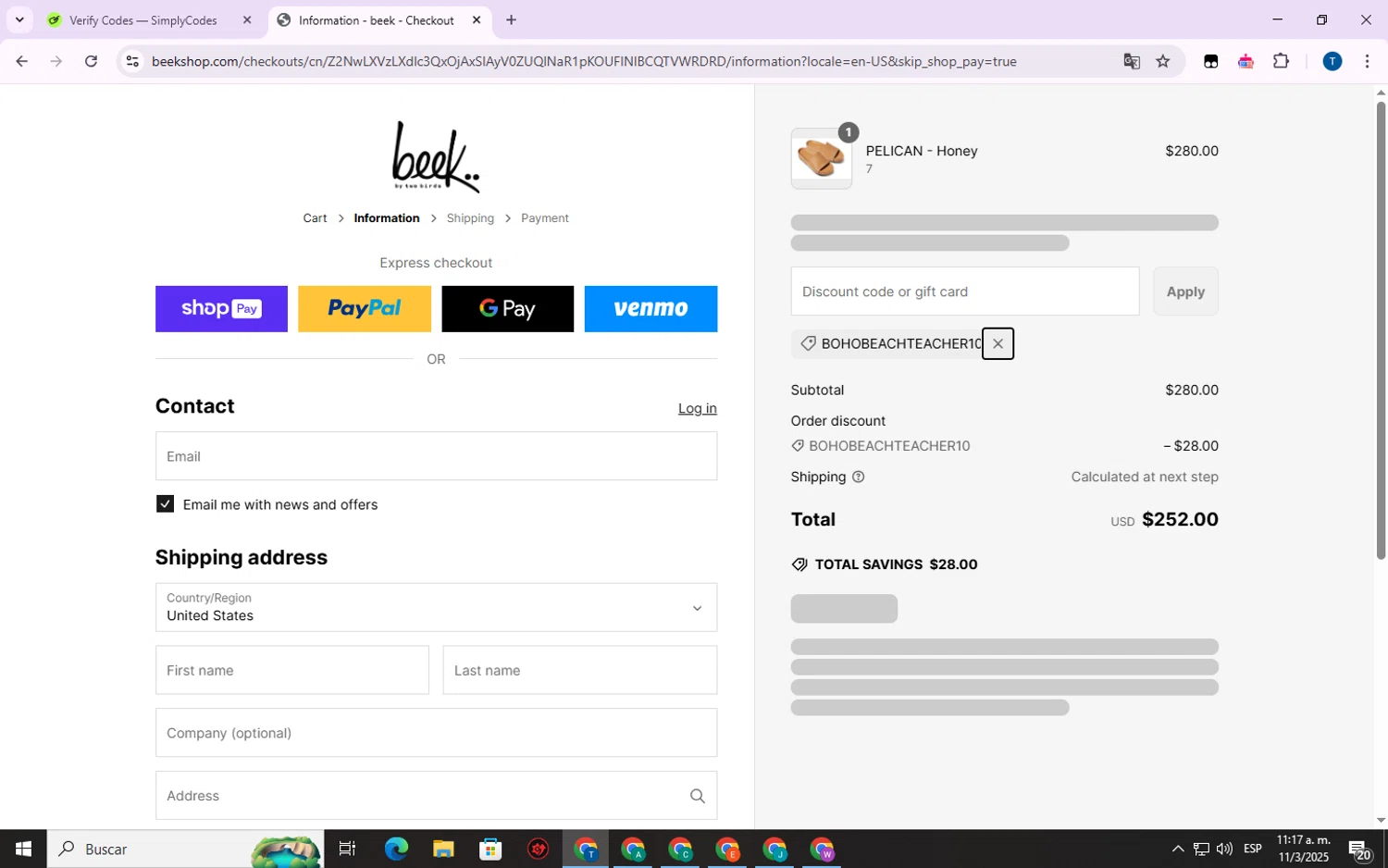 Beek discount code screenshot showing code BOHOBEACHTEACHER10 applied at Beek checkout page. Uploaded by SimplyCodes community member WonderVirtuoso7677 on Mar 11, 2025