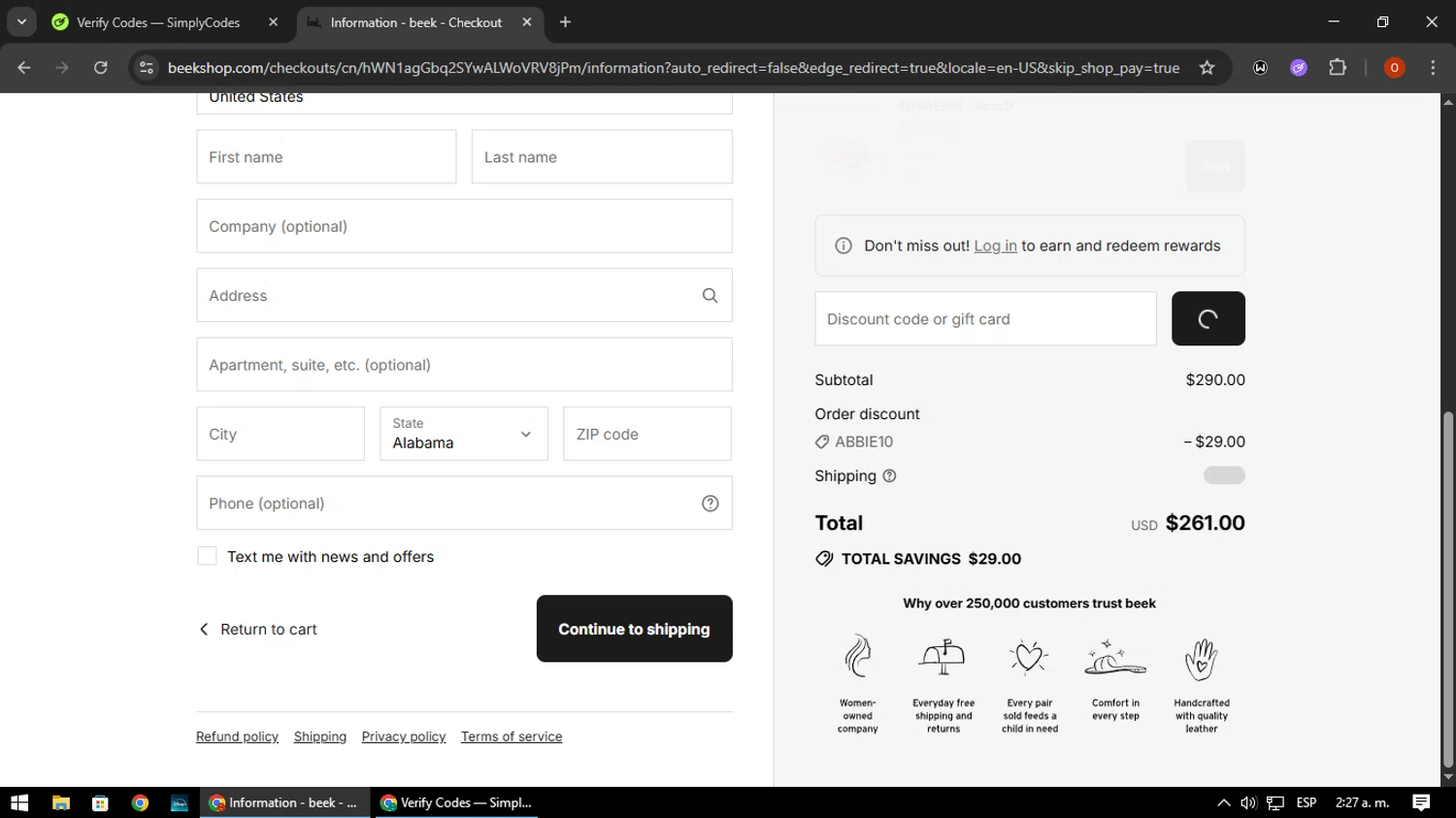 Beek discount code screenshot showing code ABBIE10 applied at Beek checkout page. Uploaded by SimplyCodes community member CleverSpotter3730 on Aug 9, 2025