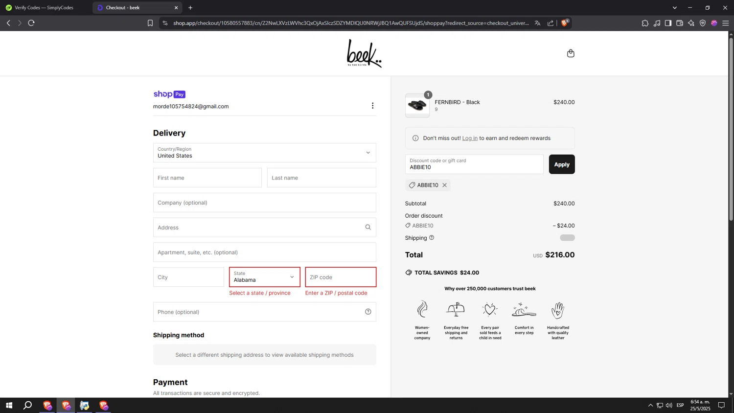Beek discount code screenshot showing code ABBIE10 applied at Beek checkout page. Uploaded by SimplyCodes community member CoheteFast on May 25, 2025