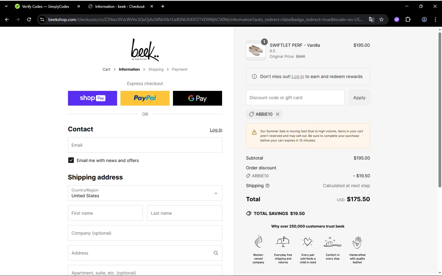 Beek discount code screenshot showing code ABBIE10 applied at Beek checkout page. Uploaded by SimplyCodes community member roman1alegre on Jun 25, 2025