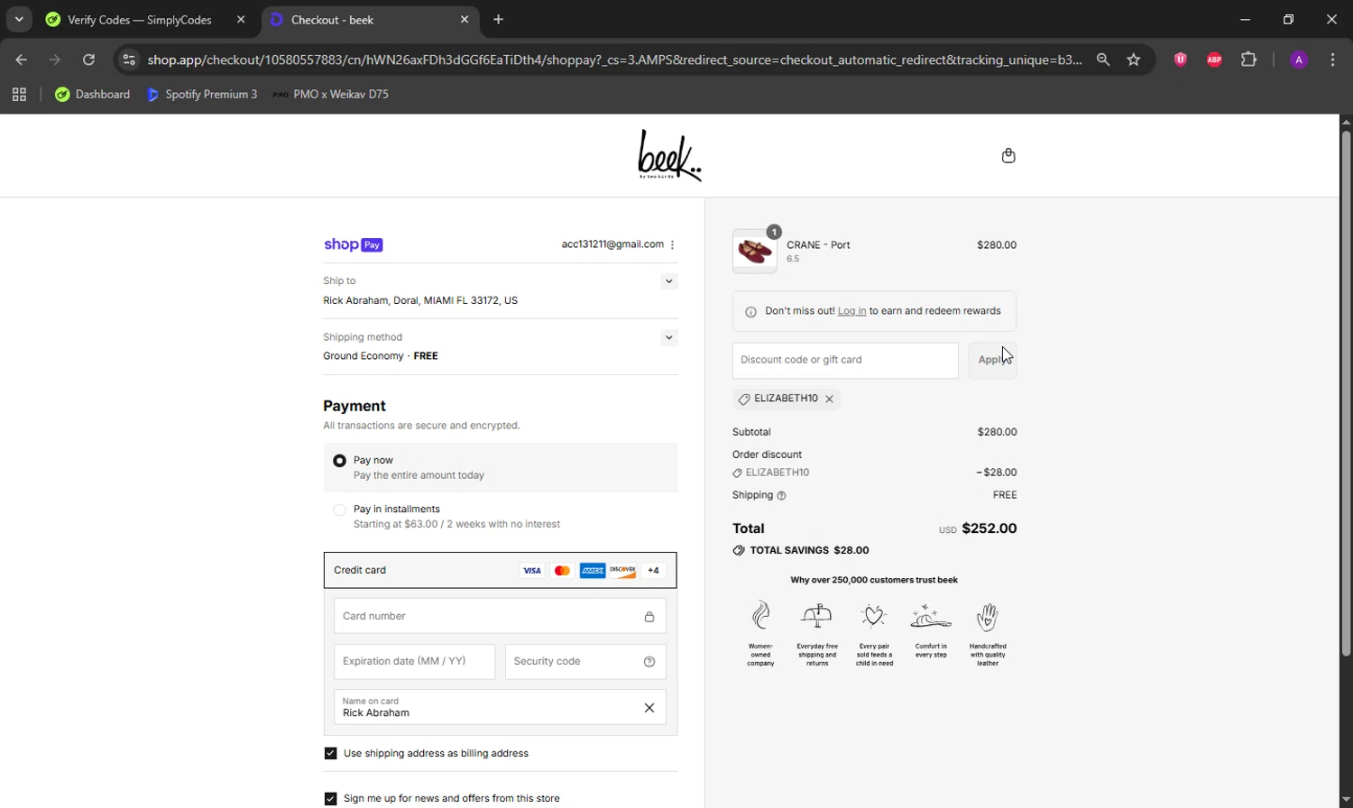 Beek discount code screenshot showing code ELIZABETH10 applied at Beek checkout page. Uploaded by SimplyCodes community member DeathBone on Aug 22, 2025