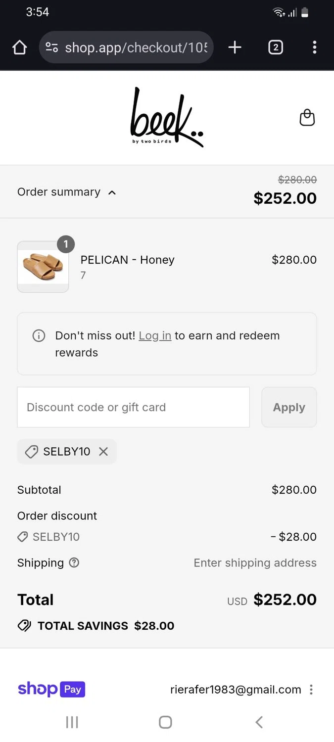Beek discount code screenshot showing code selby10 applied at Beek checkout page. Uploaded by SimplyCodes community member tulioriera on Aug 22, 2025