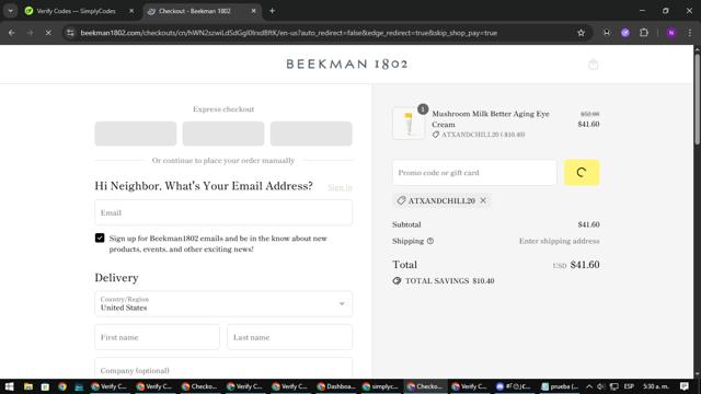 Beekman1802 checkout page showing Beekman1802 discount code box | Screenshot taken by SimplyCodes community member on Sep 12, 2025