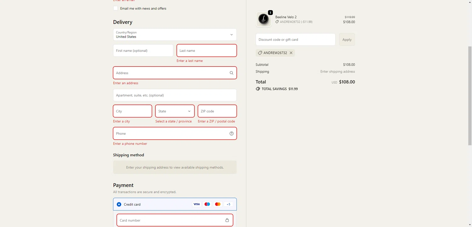 Beeline checkout page showing Beeline promo code box | Screenshot taken by SimplyCodes community member on Feb 13, 2026