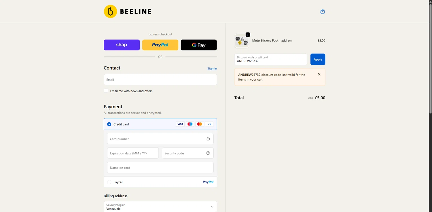 Beeline promo code screenshot showing code ANDREW26732 applied at Beeline checkout page. Uploaded by SimplyCodes community member RoyalVirtuoso4479 on Dec 13, 2025