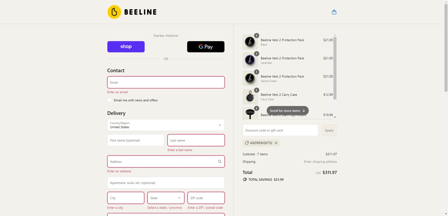 Beeline promo code screenshot showing code ANDREW26732 applied at Beeline checkout page. Uploaded by SimplyCodes community member ValiantAce1810 on Aug 29, 2025