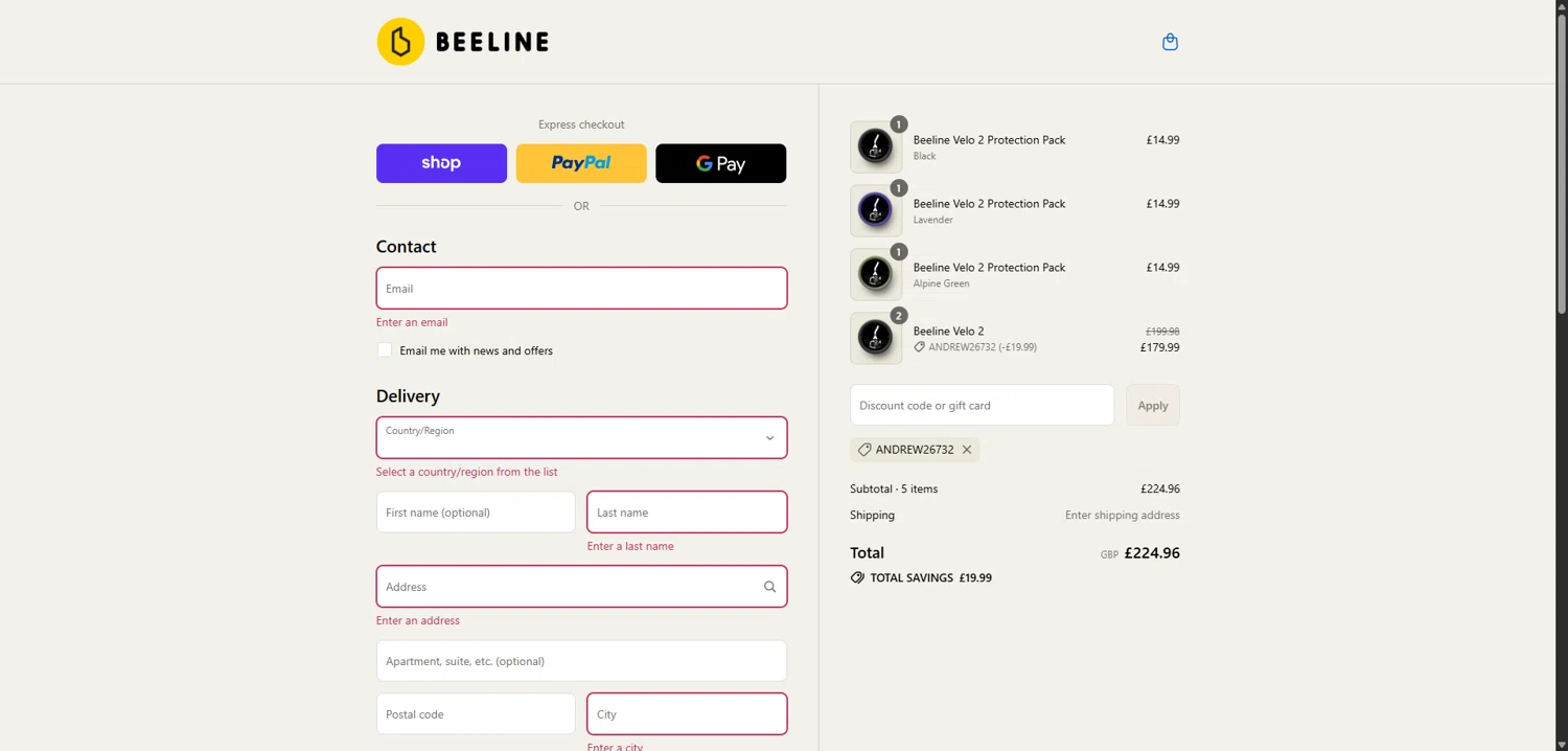 Beeline promo code screenshot showing code ANDREW26732 applied at Beeline checkout page. Uploaded by SimplyCodes community member VictoriousBoss8742 on Sep 9, 2025