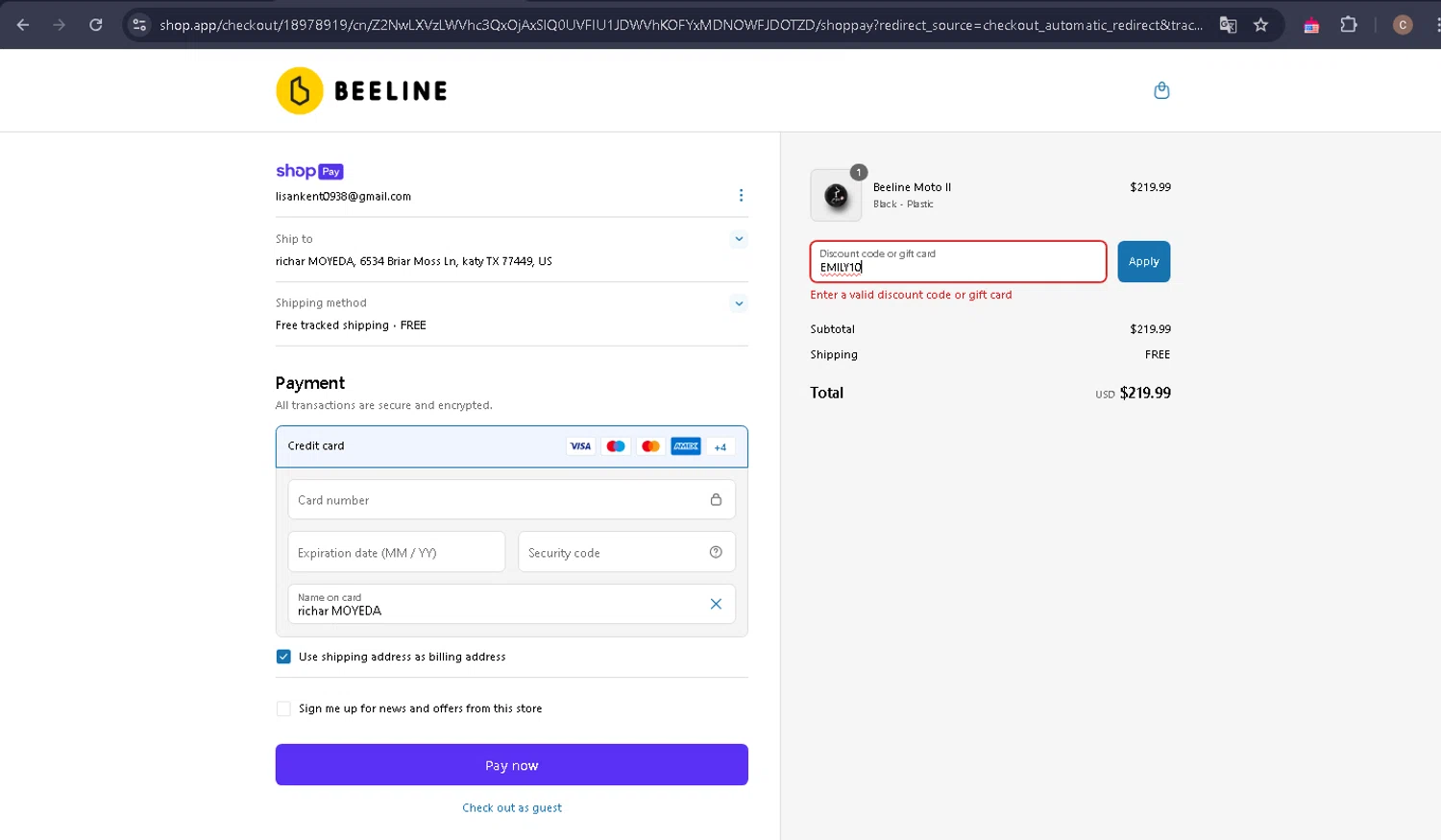 Beeline promo code screenshot showing code EMILY10 applied at Beeline checkout page. Uploaded by SimplyCodes community member carlosra07 on May 1, 2025