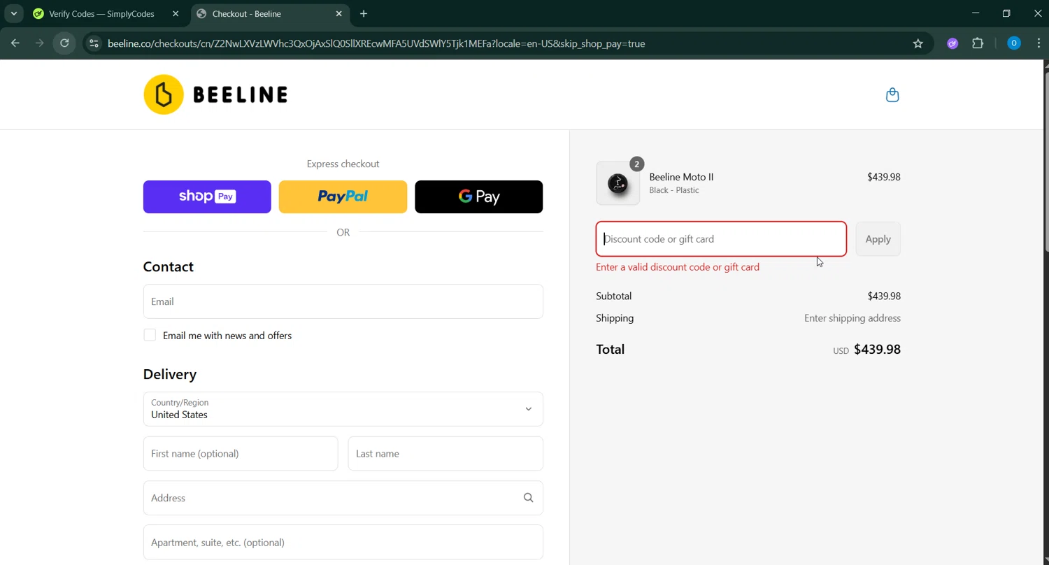 Beeline promo code screenshot showing code EMILY10 applied at Beeline checkout page. Uploaded by SimplyCodes community member GoldAdmiral5202 on May 1, 2025