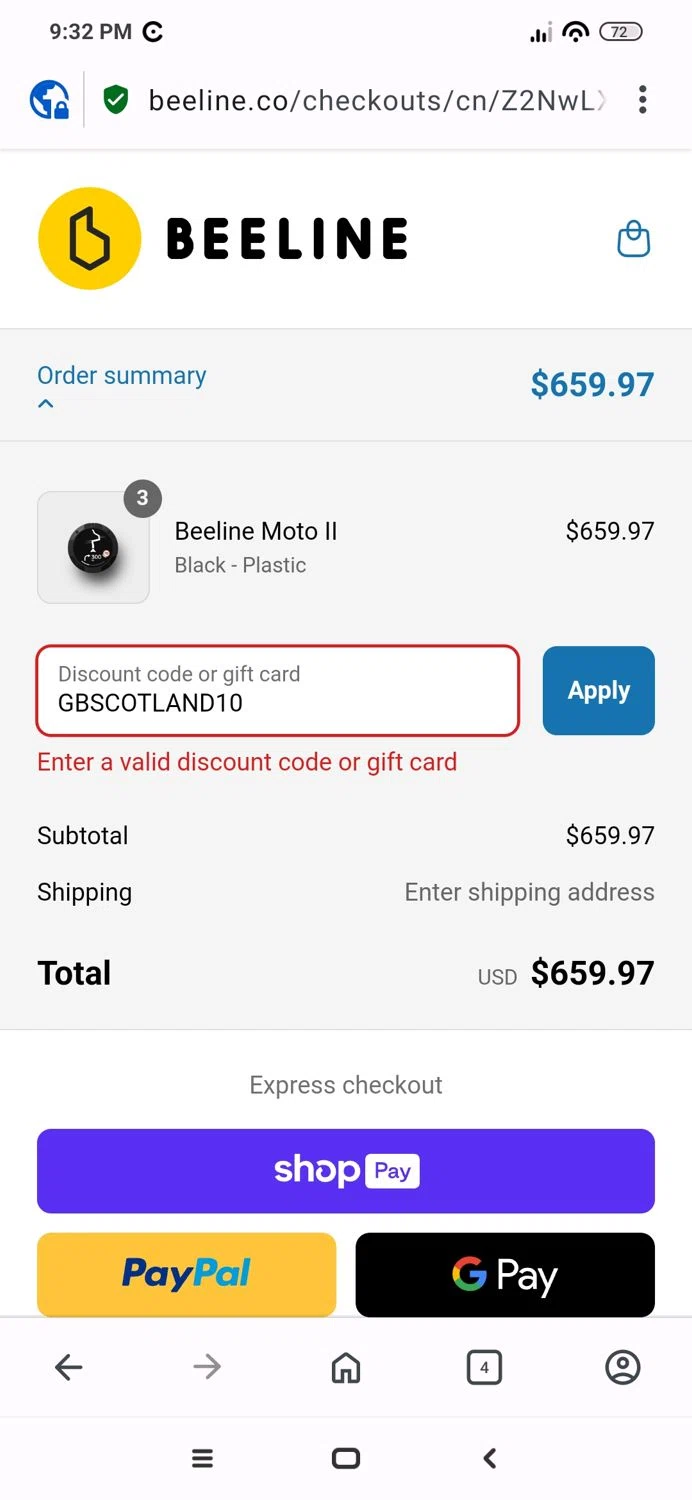 Beeline promo code screenshot showing code GBSCOTLAND10 applied at Beeline checkout page. Uploaded by SimplyCodes community member Anyveliz on May 1, 2025