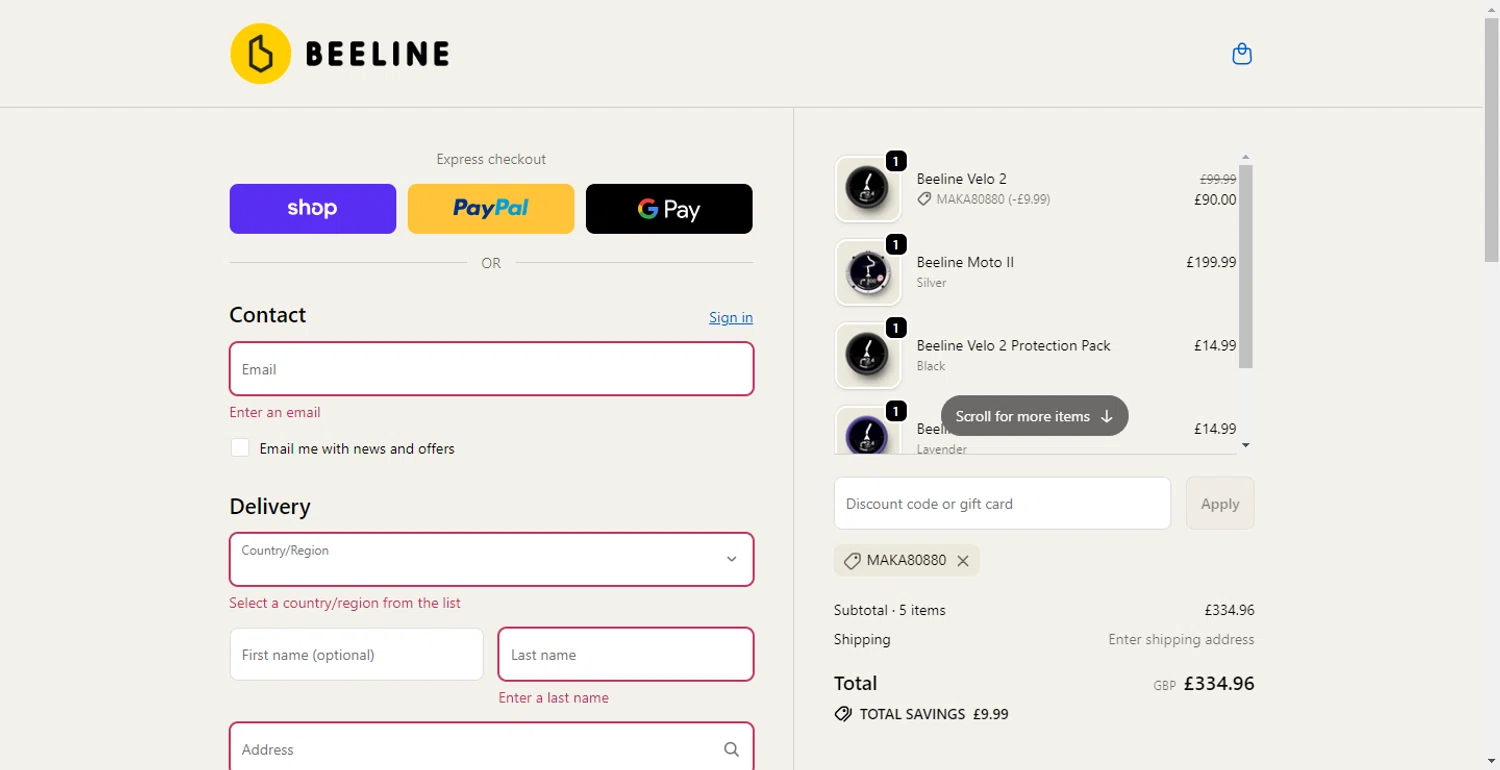 Beeline promo code screenshot showing code MAKA80880 applied at Beeline checkout page. Uploaded by SimplyCodes community member BonusFox1297 on Oct 21, 2025