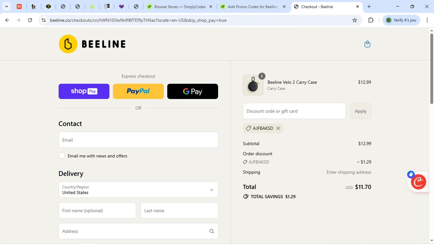 Beeline promo code screenshot showing code AJFBAKSD applied at Beeline checkout page. Uploaded by SimplyCodes community member VoucherFox7461 on Jul 24, 2025