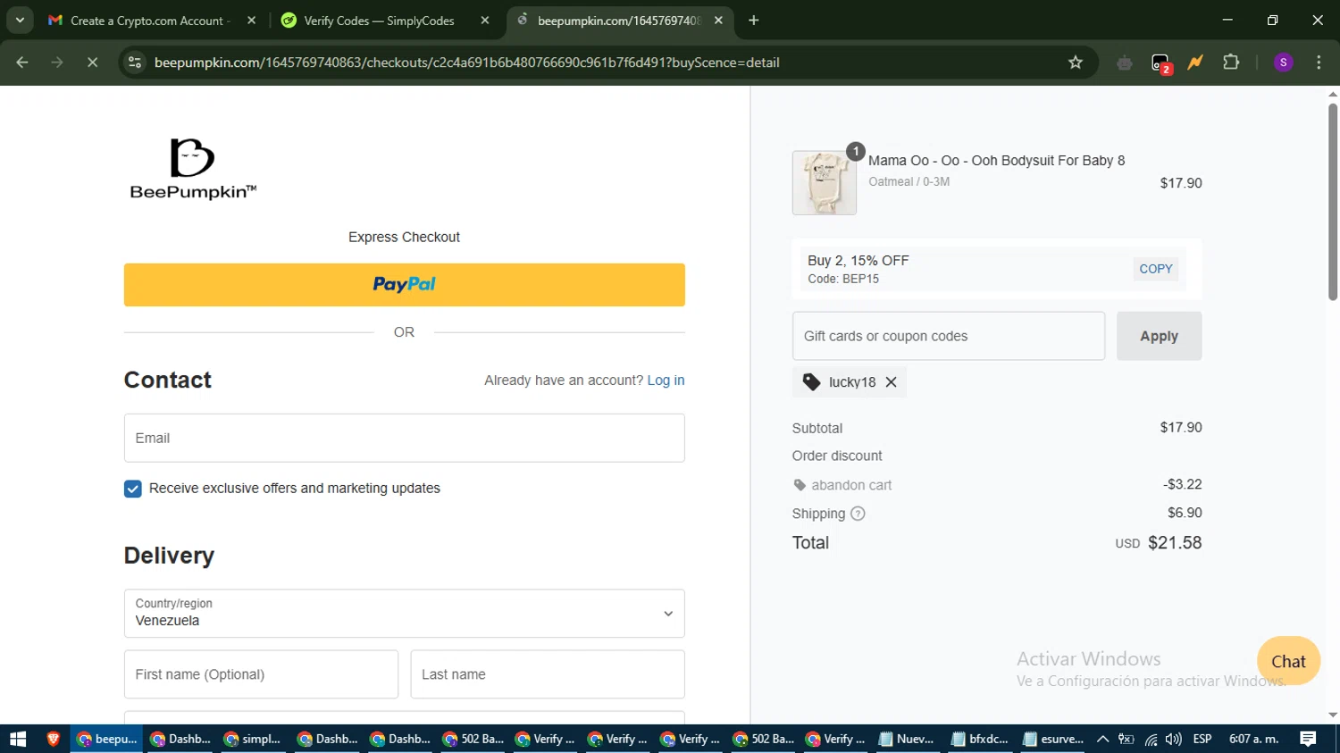 Beepumpkin coupon code screenshot showing code lucky18 applied at Beepumpkin checkout page. Uploaded by SimplyCodes community member ShieldWarden7838 on Mar 18, 2025
