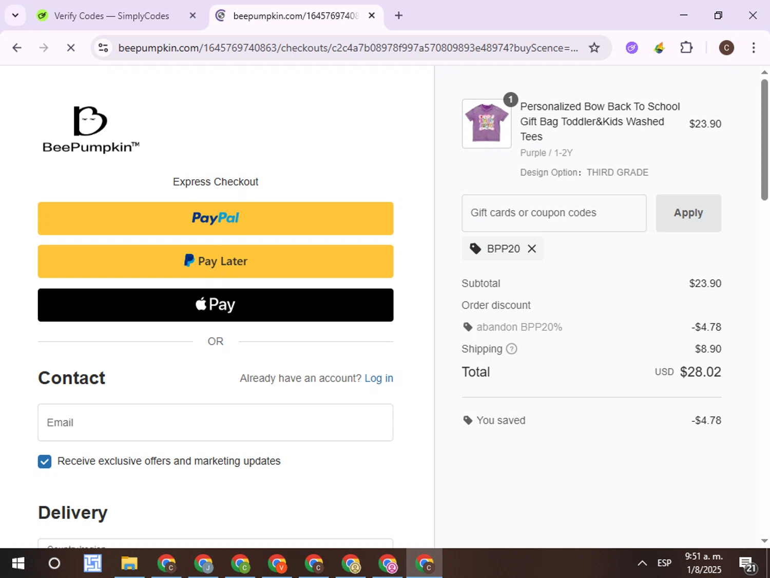 Beepumpkin coupon code screenshot showing code BPP20 applied at Beepumpkin checkout page. Uploaded by SimplyCodes community member ExtraordinaryPro8536 on Aug 1, 2025