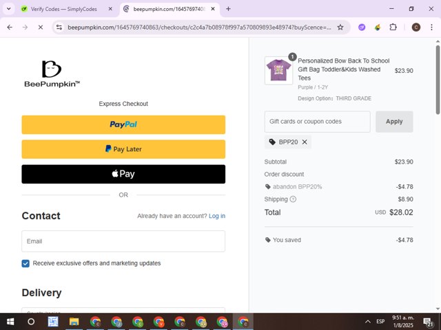 Beepumpkin checkout page showing Beepumpkin coupon code box | Screenshot taken by SimplyCodes community member on Aug 1, 2025