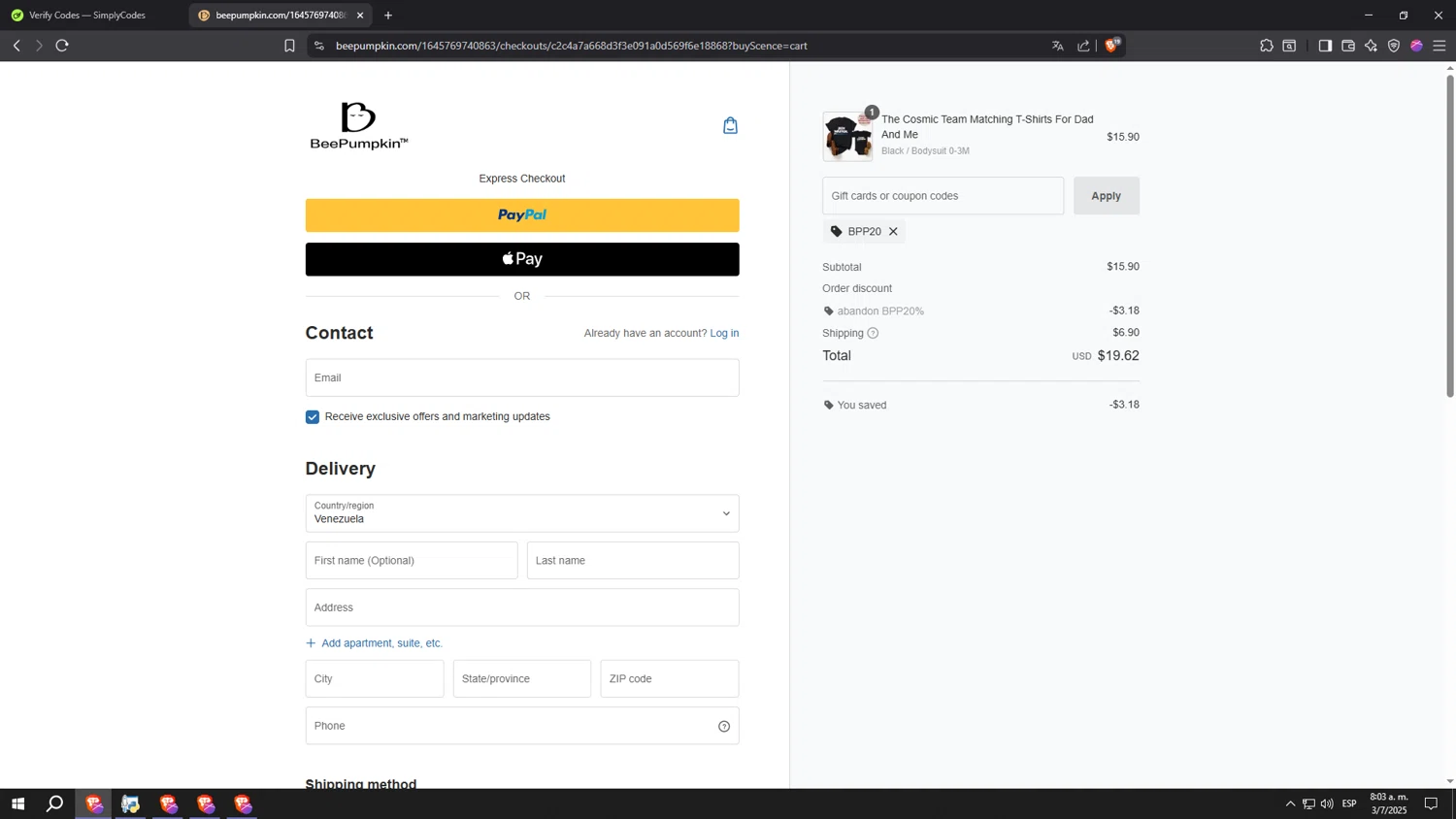 Beepumpkin coupon code screenshot showing code BPP20 applied at Beepumpkin checkout page. Uploaded by SimplyCodes community member SpeeDFast on Jul 3, 2025