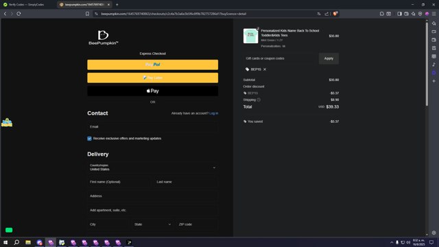 Beepumpkin checkout page showing Beepumpkin coupon code box | Screenshot taken by SimplyCodes community member on Aug 16, 2025