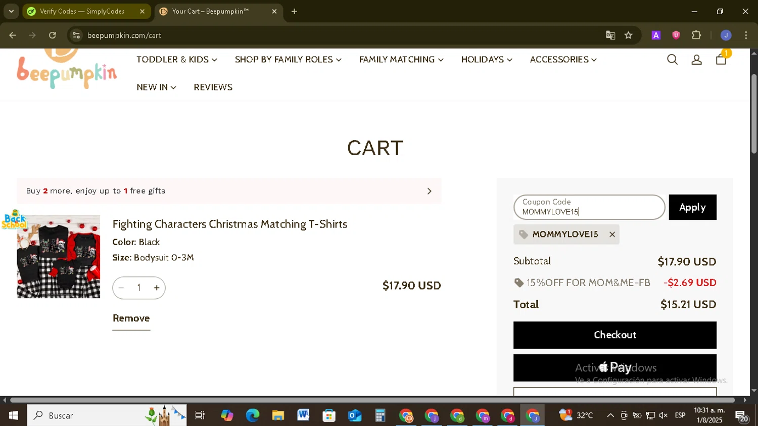 Beepumpkin coupon code screenshot showing code MOMMYLOVE15 applied at Beepumpkin checkout page. Uploaded by SimplyCodes community member EpicSage3474 on Aug 1, 2025