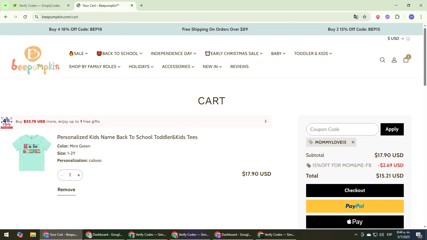 Beepumpkin coupon code screenshot showing code MOMMYLOVE15 applied at Beepumpkin checkout page. Uploaded by SimplyCodes community member QuestDefender2661 on Jul 3, 2025