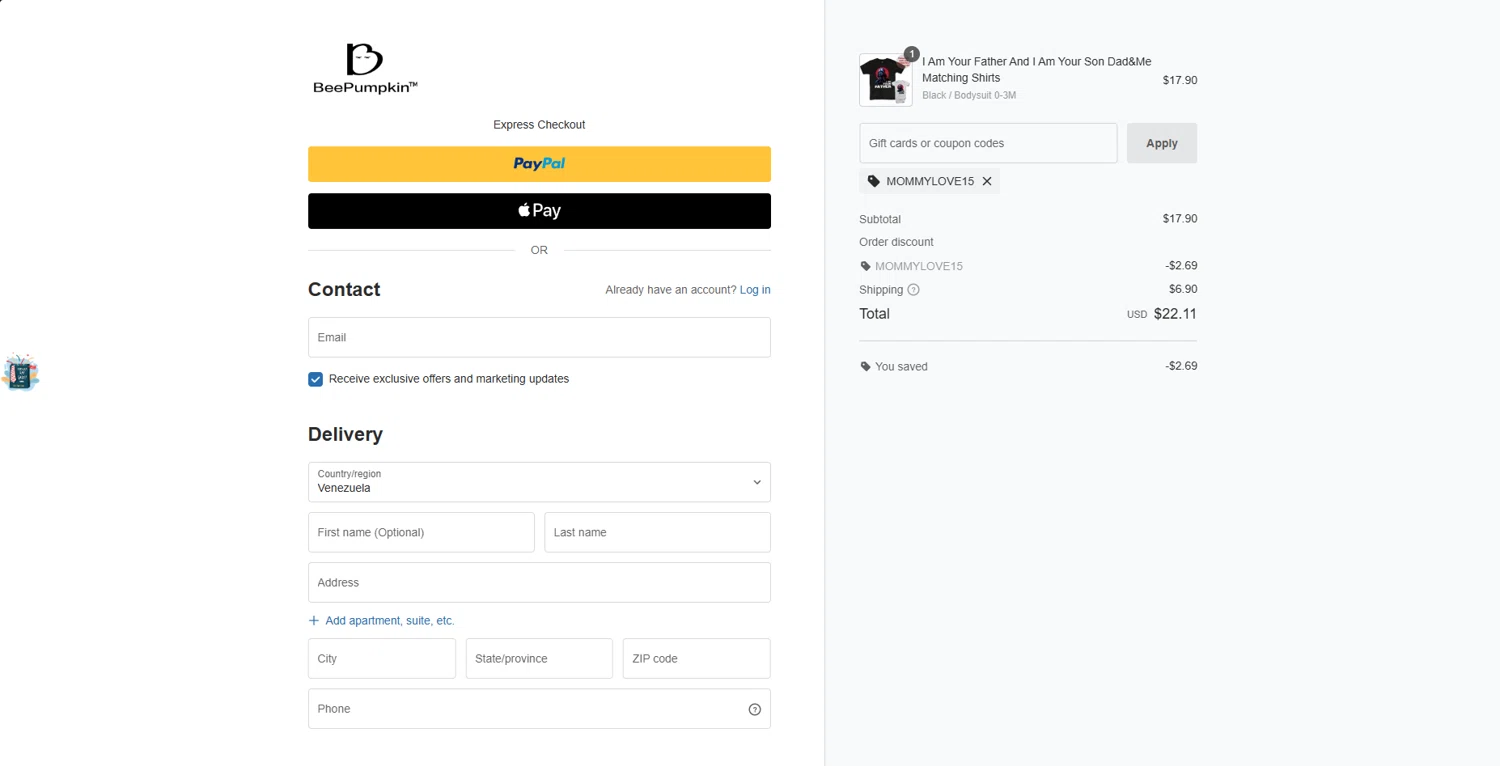Beepumpkin coupon code screenshot showing code MOMMYLOVE15 applied at Beepumpkin checkout page. Uploaded by SimplyCodes community member WonderGuardian4443 on Jun 4, 2025