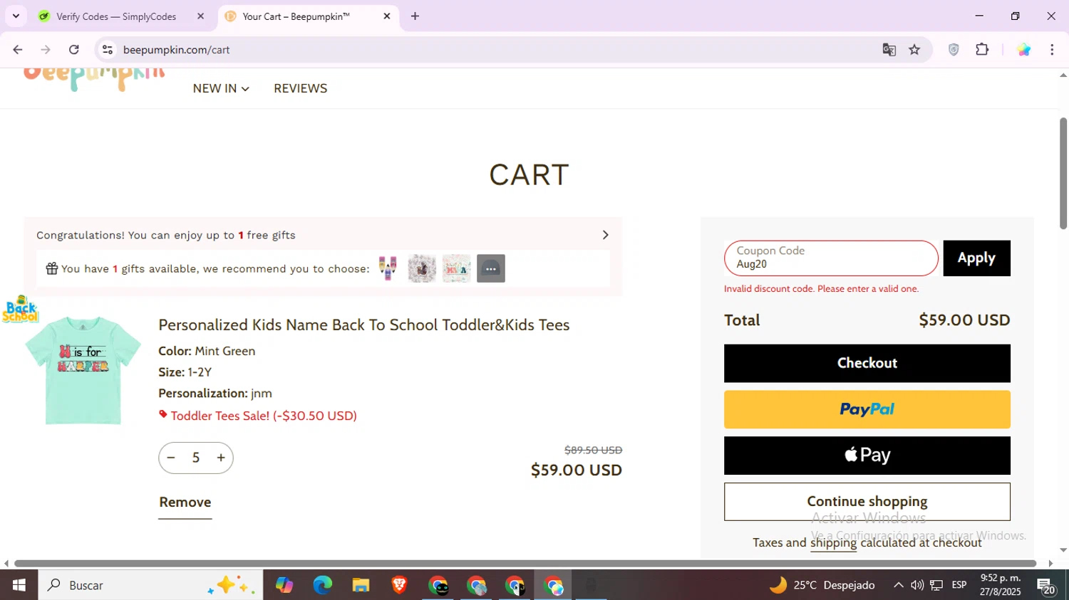 Beepumpkin coupon code screenshot showing code Aug20 applied at Beepumpkin checkout page. Uploaded by SimplyCodes community member Estrellitacoairis on Aug 28, 2025