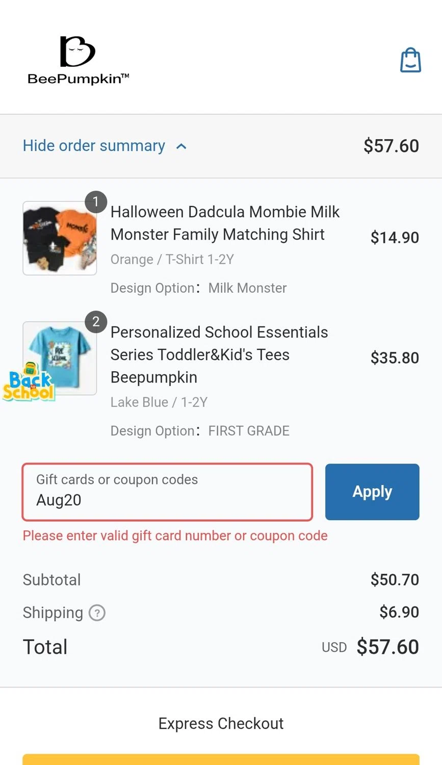 Beepumpkin coupon code screenshot showing code Aug20 applied at Beepumpkin checkout page. Uploaded by SimplyCodes community member JuanMonge on Aug 28, 2025