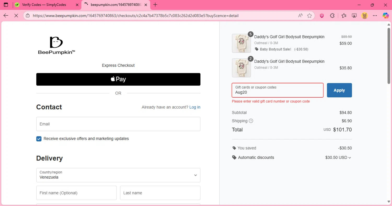 Beepumpkin coupon code screenshot showing code Aug20 applied at Beepumpkin checkout page. Uploaded by SimplyCodes community member JumanjiValentino on Aug 28, 2025