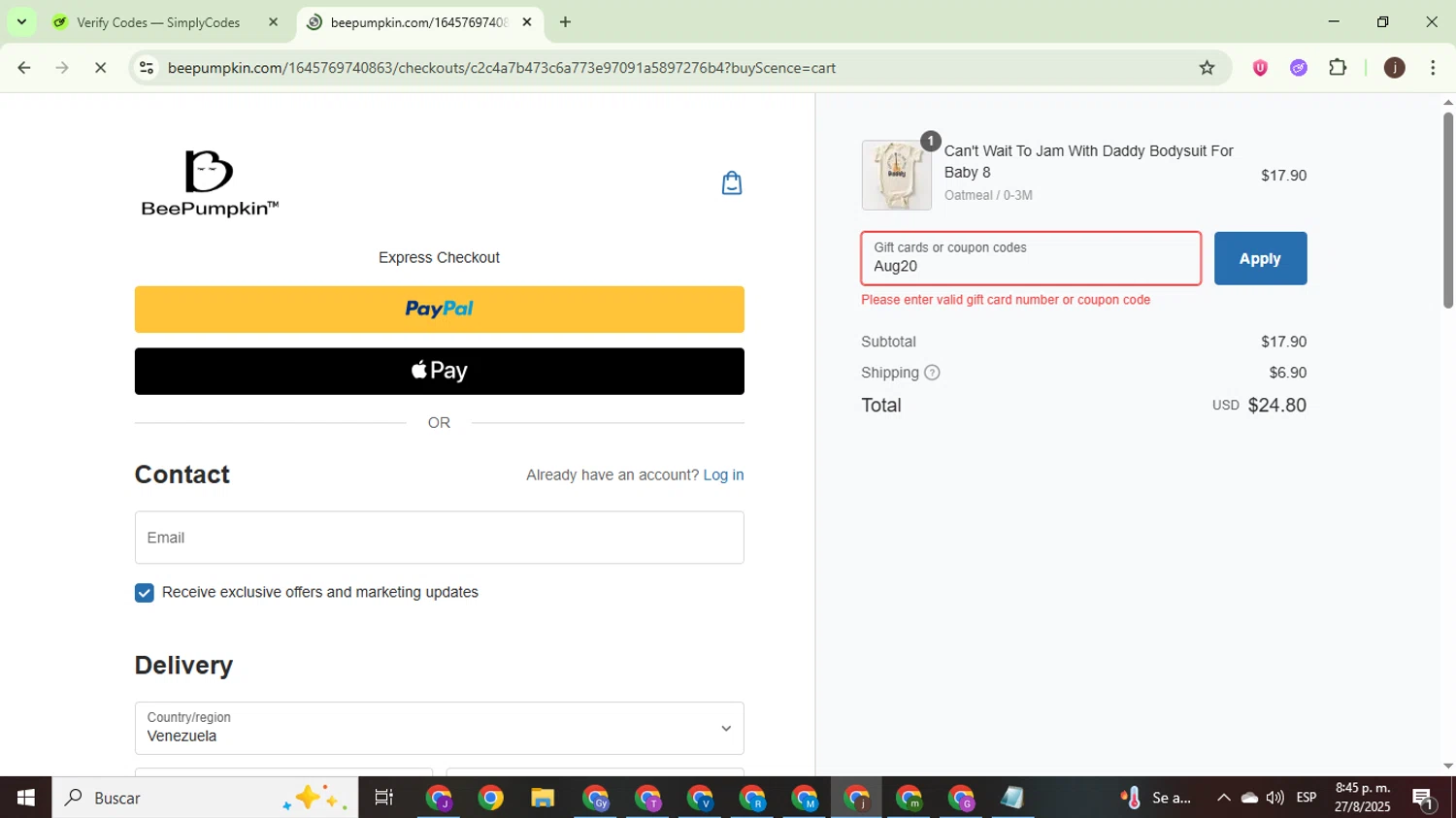 Beepumpkin coupon code screenshot showing code Aug20 applied at Beepumpkin checkout page. Uploaded by SimplyCodes community member WonderEagle9833 on Aug 28, 2025