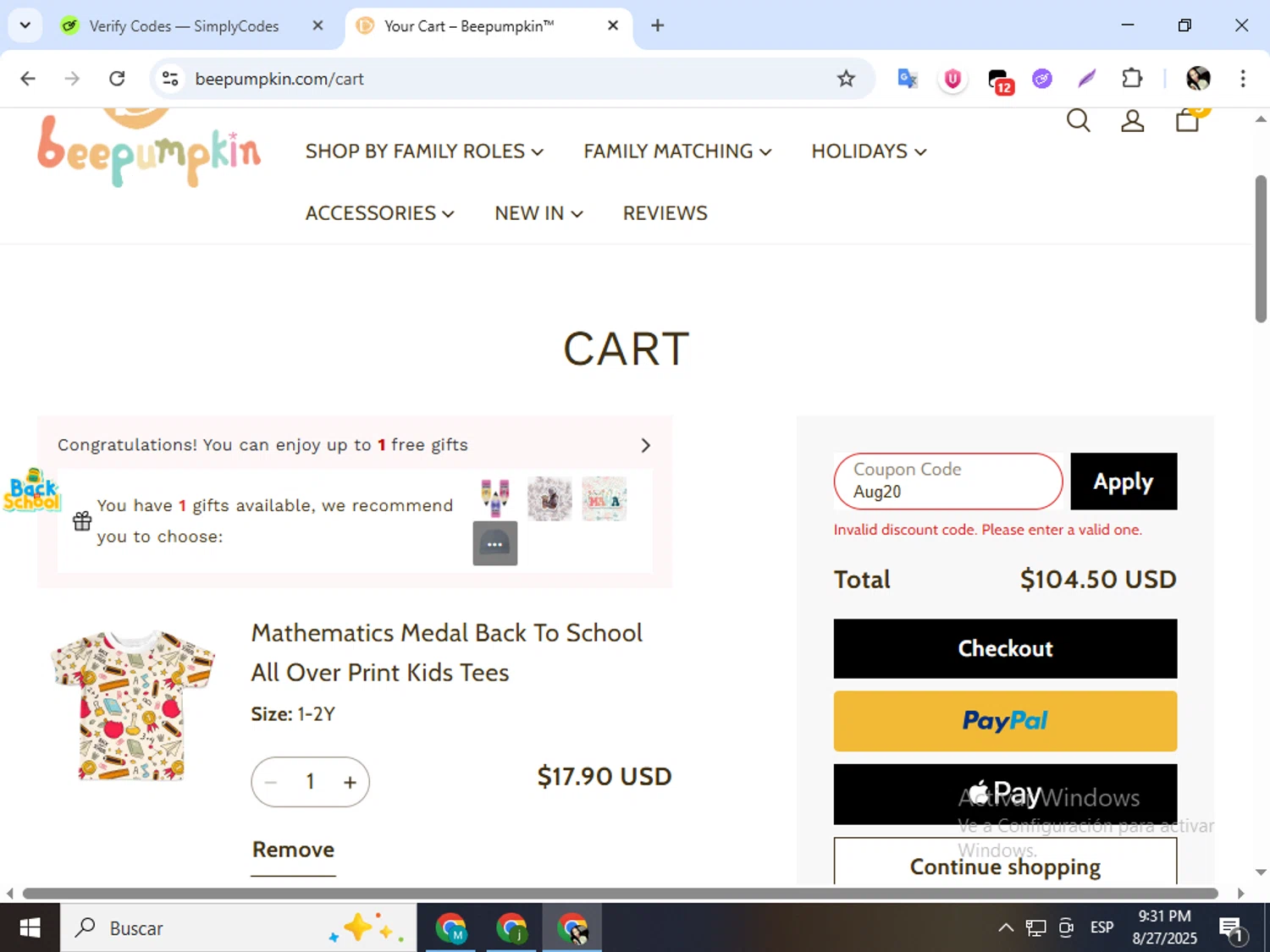 Beepumpkin coupon code screenshot showing code Aug20 applied at Beepumpkin checkout page. Uploaded by SimplyCodes community member mariapolancog on Aug 28, 2025