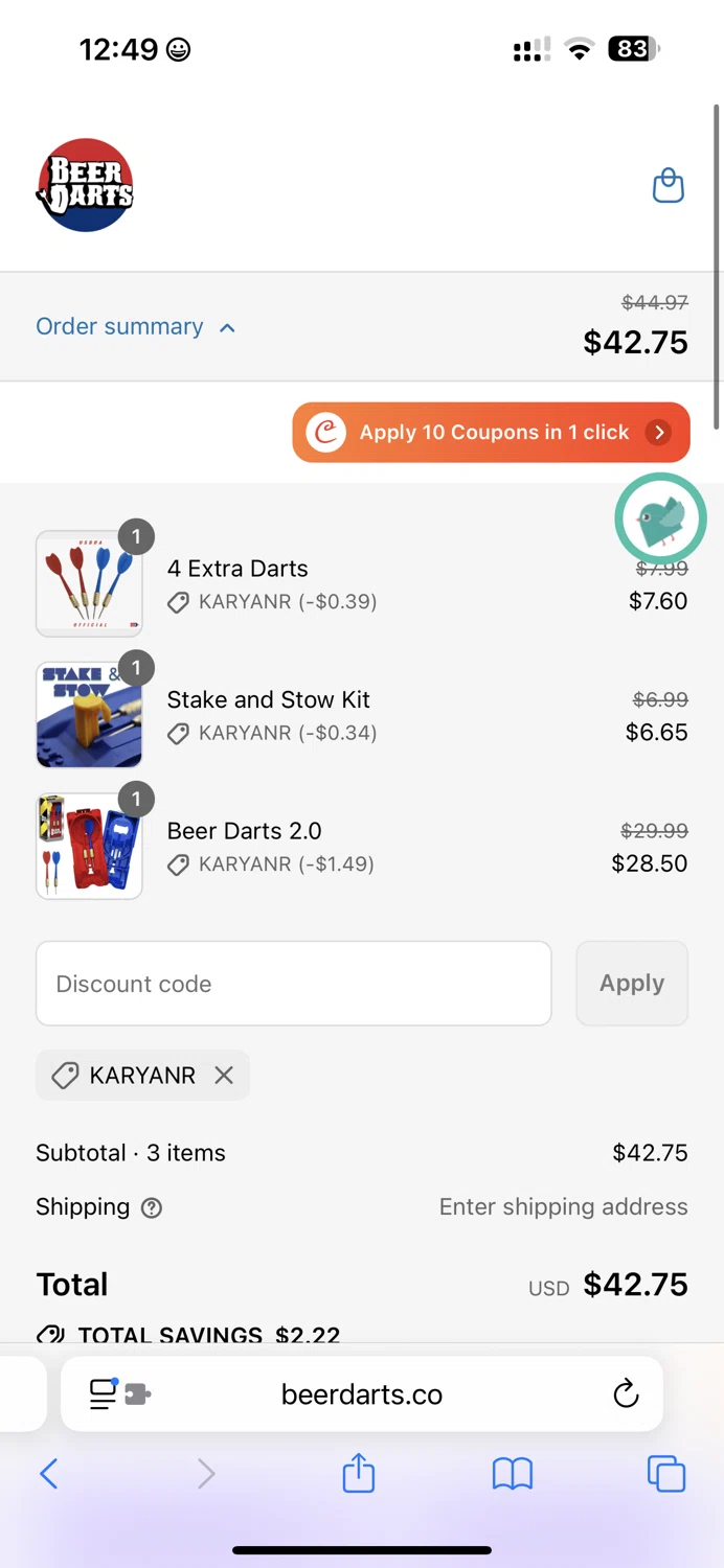 Beer Darts coupon code screenshot showing code KARYANR applied at Beer Darts checkout page. Uploaded by SimplyCodes community member ______________________________ on Aug 2, 2025