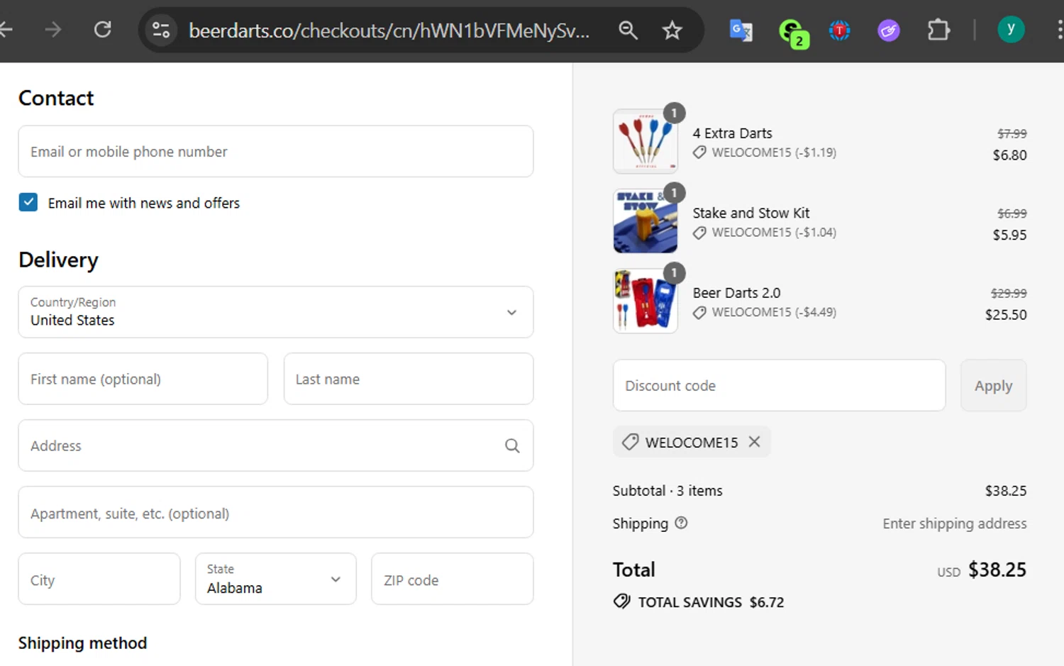 Beer Darts coupon code screenshot showing code Welocome15 applied at Beer Darts checkout page. Uploaded by SimplyCodes community member 502312 on Aug 9, 2025