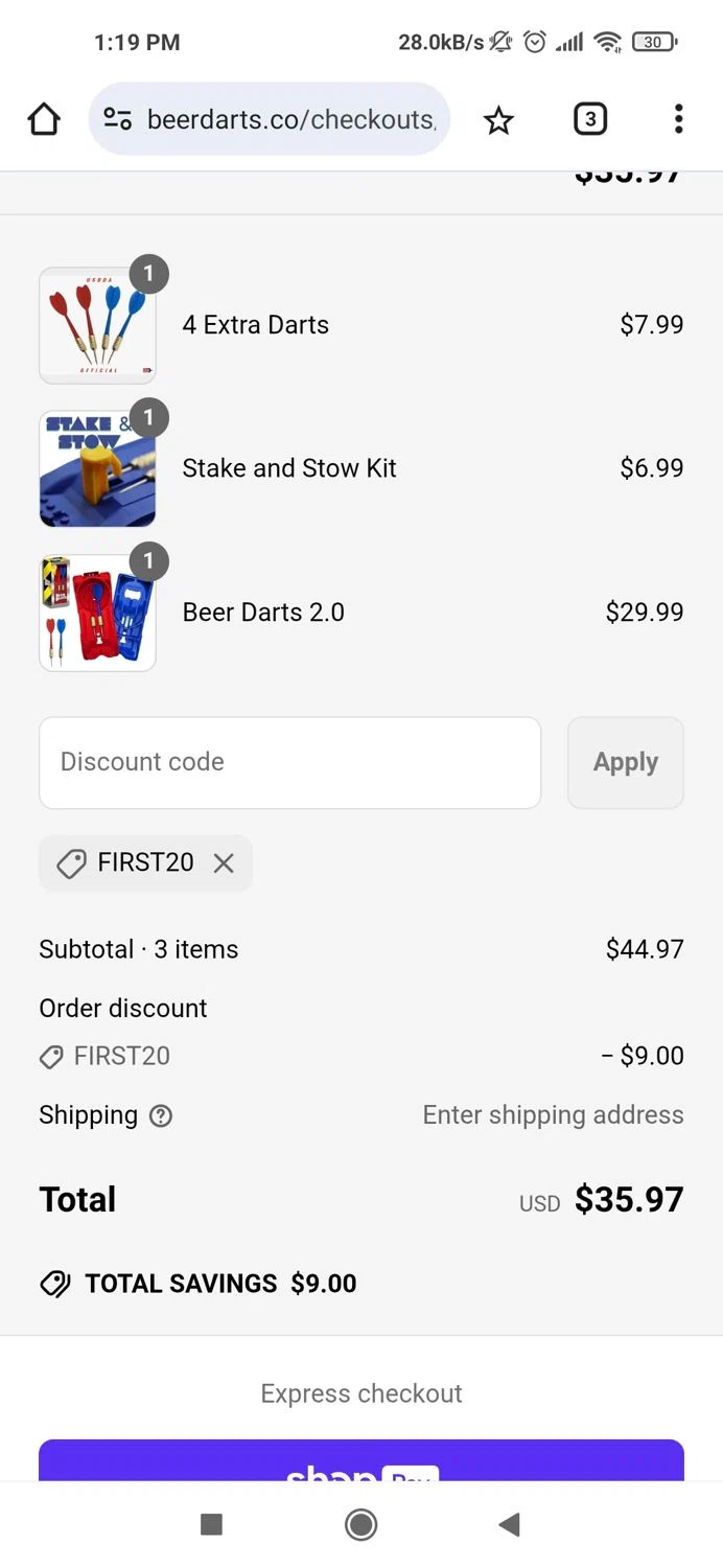 Beer Darts coupon code screenshot showing code FIRST20 applied at Beer Darts checkout page. Uploaded by SimplyCodes community member Piolin on Jun 22, 2025