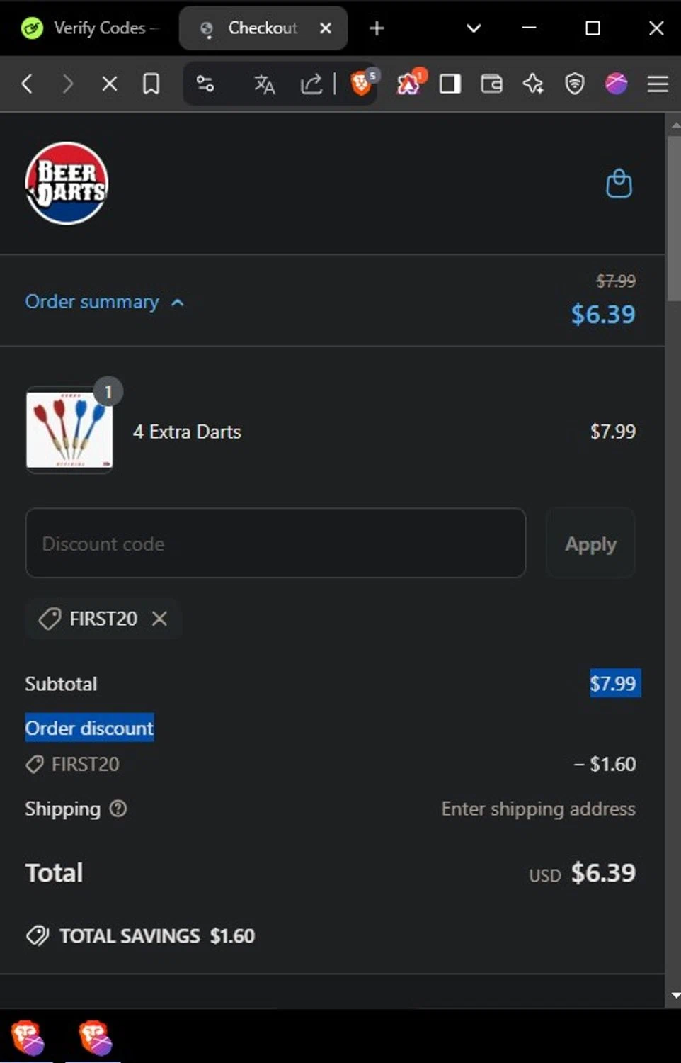 Beer Darts coupon code screenshot showing code FIRST20 applied at Beer Darts checkout page. Uploaded by SimplyCodes community member Yoseff2 on Mar 29, 2025