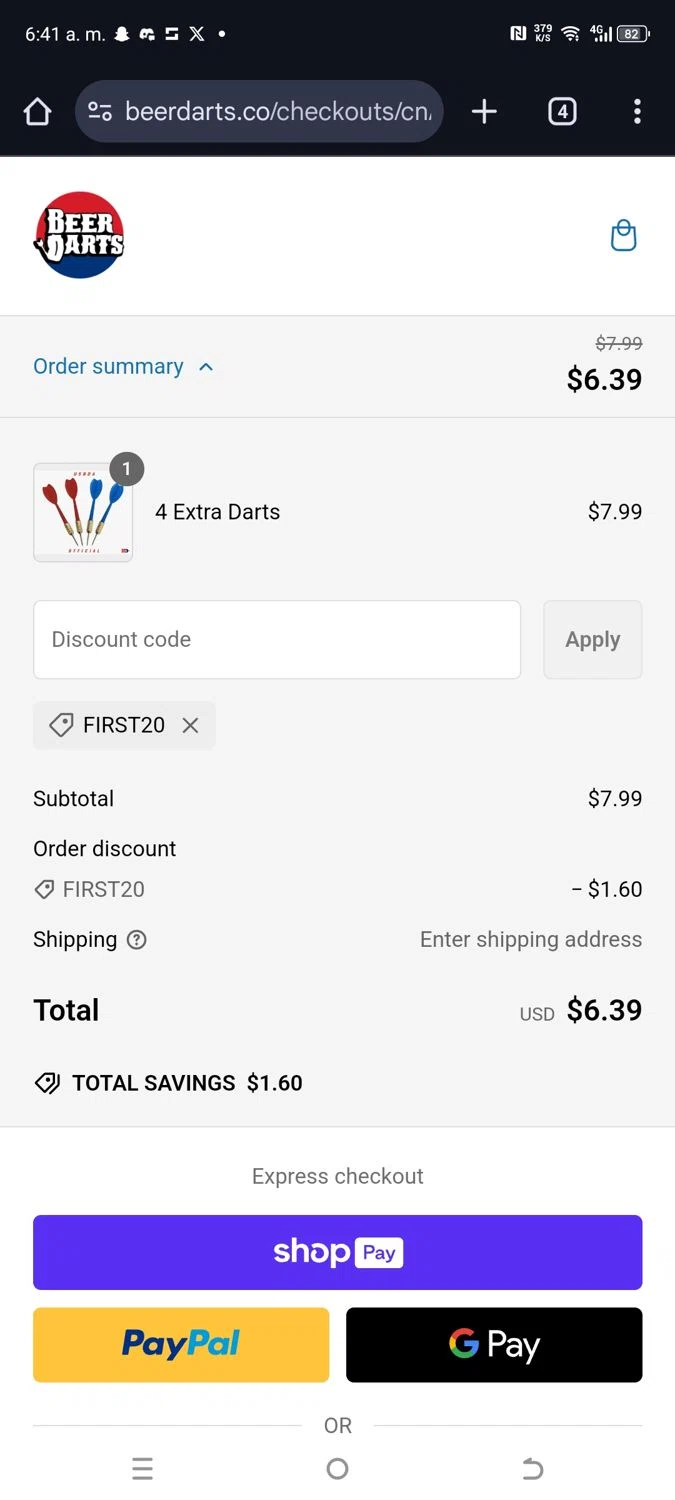 Beer Darts coupon code screenshot showing code FIRST20 applied at Beer Darts checkout page. Uploaded by SimplyCodes community member kikimbappe on Feb 17, 2025