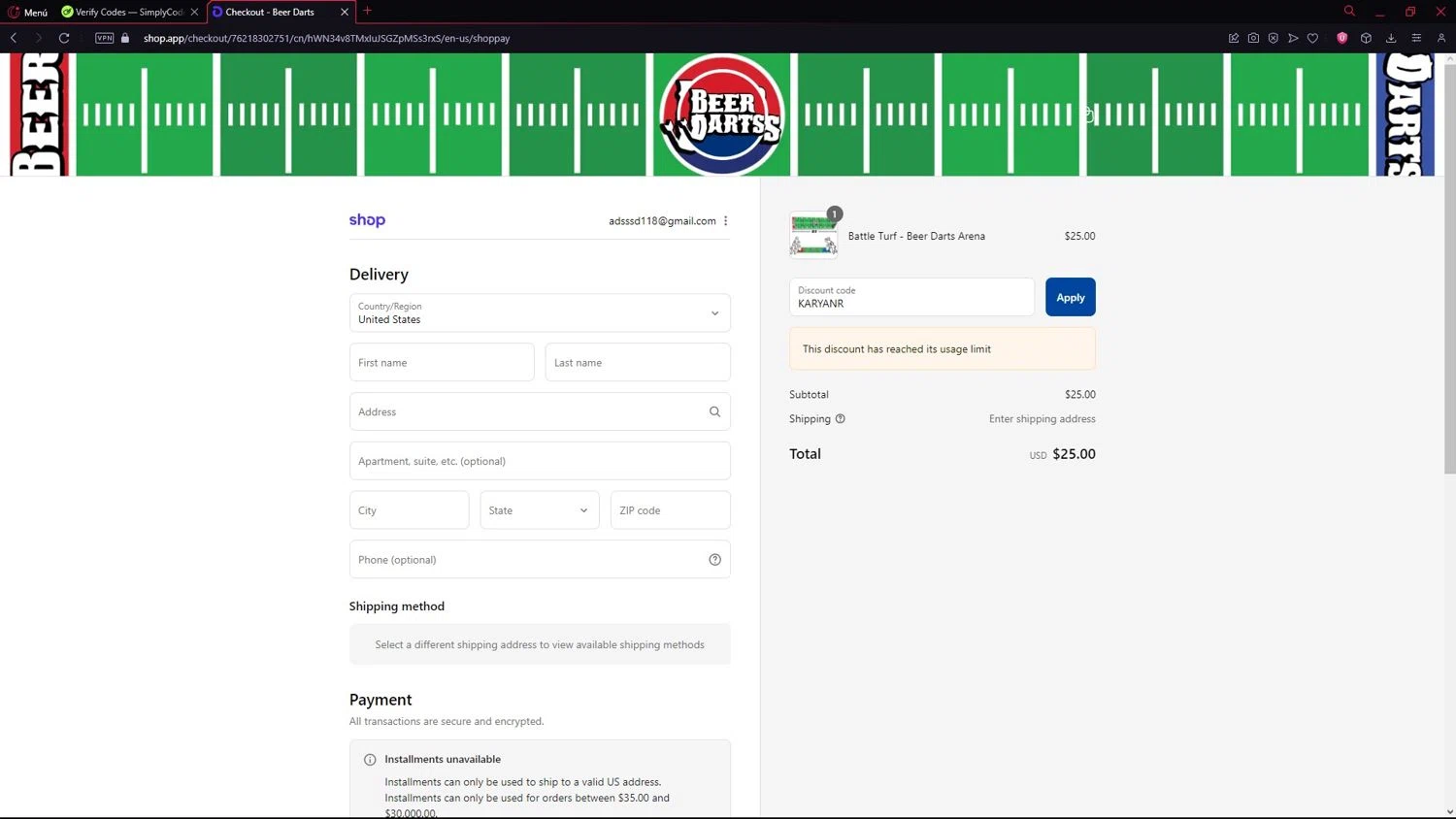 Beer Darts coupon code screenshot showing code KARYANR applied at Beer Darts checkout page. Uploaded by SimplyCodes community member LegendarySeeker3956 on Sep 17, 2025