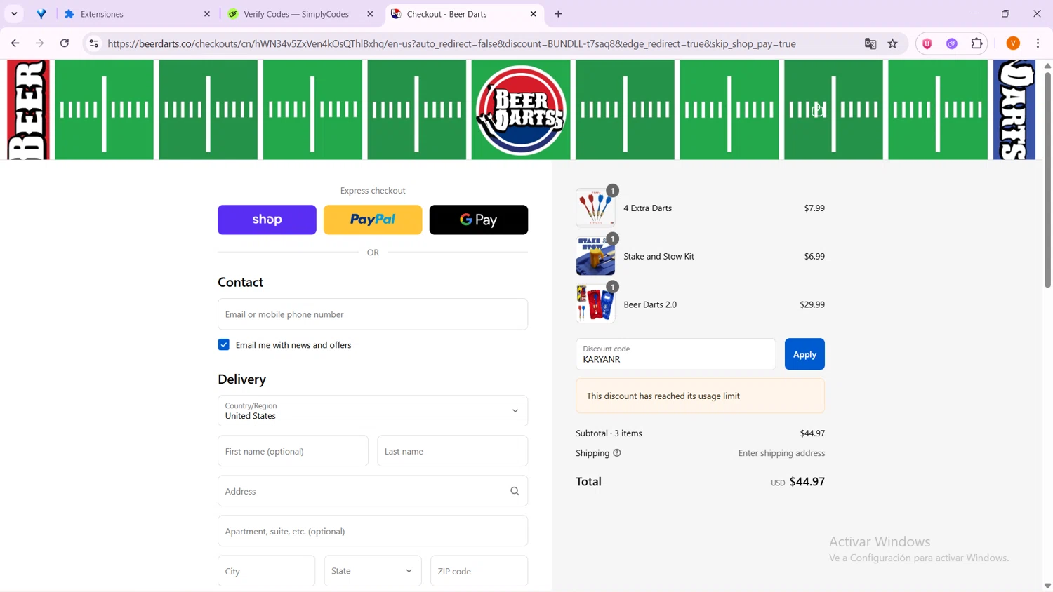 Beer Darts coupon code screenshot showing code KARYANR applied at Beer Darts checkout page. Uploaded by SimplyCodes community member VoucherShopper4674 on Sep 17, 2025