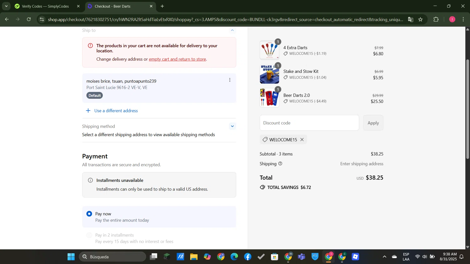 Beer Darts coupon code screenshot showing code Welocome15 applied at Beer Darts checkout page. Uploaded by SimplyCodes community member MightyGuardian8404 on Aug 31, 2025
