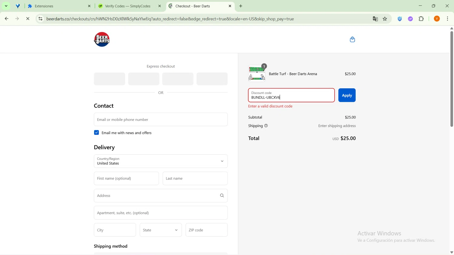 Beer Darts coupon code screenshot showing code BUNDLL-UBCXV6 applied at Beer Darts checkout page. Uploaded by SimplyCodes community member GoldFox1696 on Aug 27, 2025