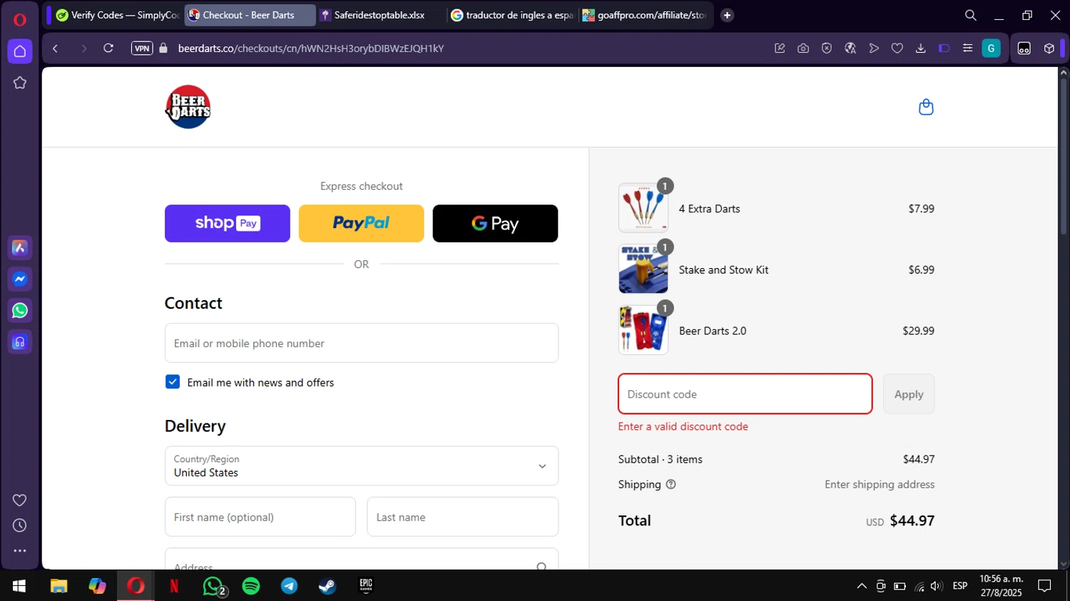 Beer Darts coupon code screenshot showing code BUNDLL-UBCXV6 applied at Beer Darts checkout page. Uploaded by SimplyCodes community member ValiantWarden3907 on Aug 27, 2025