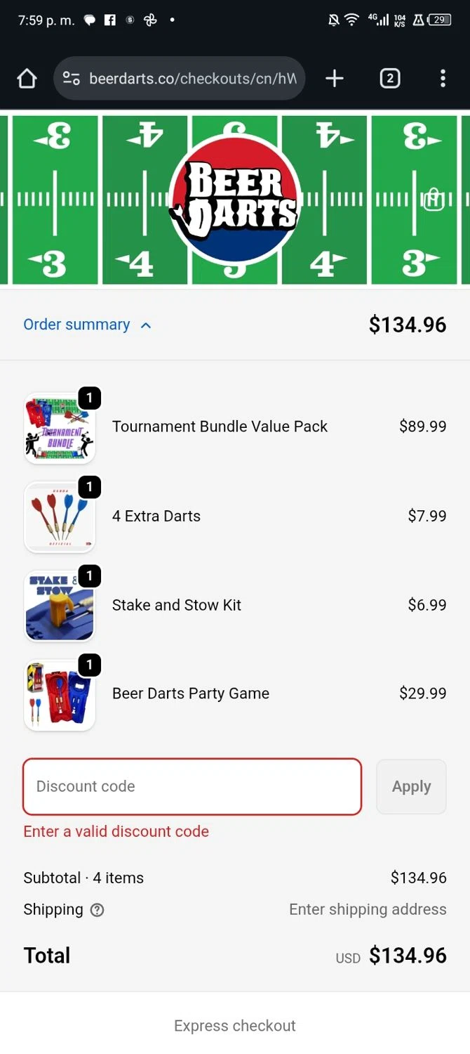 Beer Darts coupon code screenshot showing code BUNDLL-LN8NDC applied at Beer Darts checkout page. Uploaded by SimplyCodes community member Nickurtdale on Dec 12, 2025